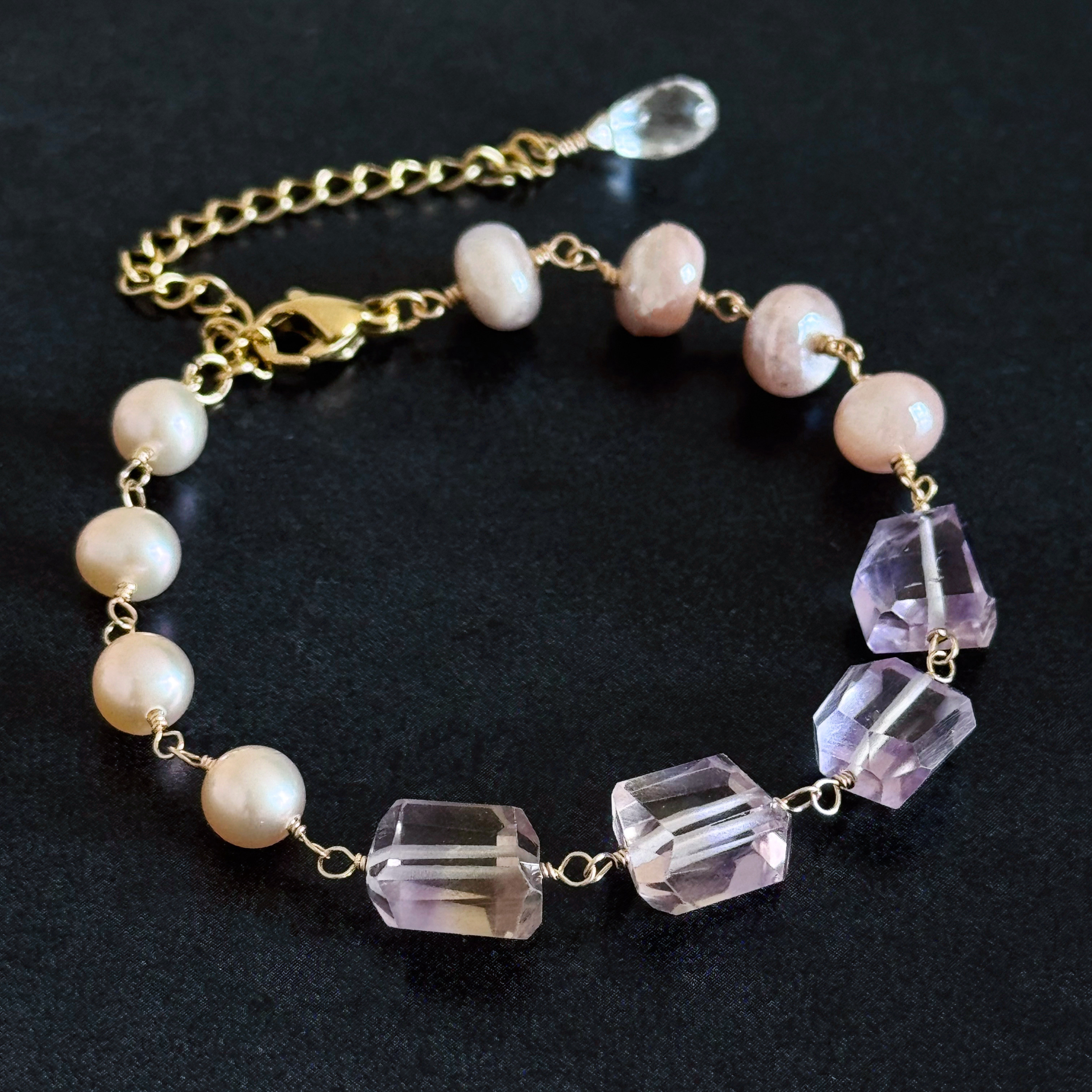再販●宝石質アメトリンとオレンジ淡水パール、ピーチムーンストーンの秋色ブレスレット（14kgf/16kgp）天然石