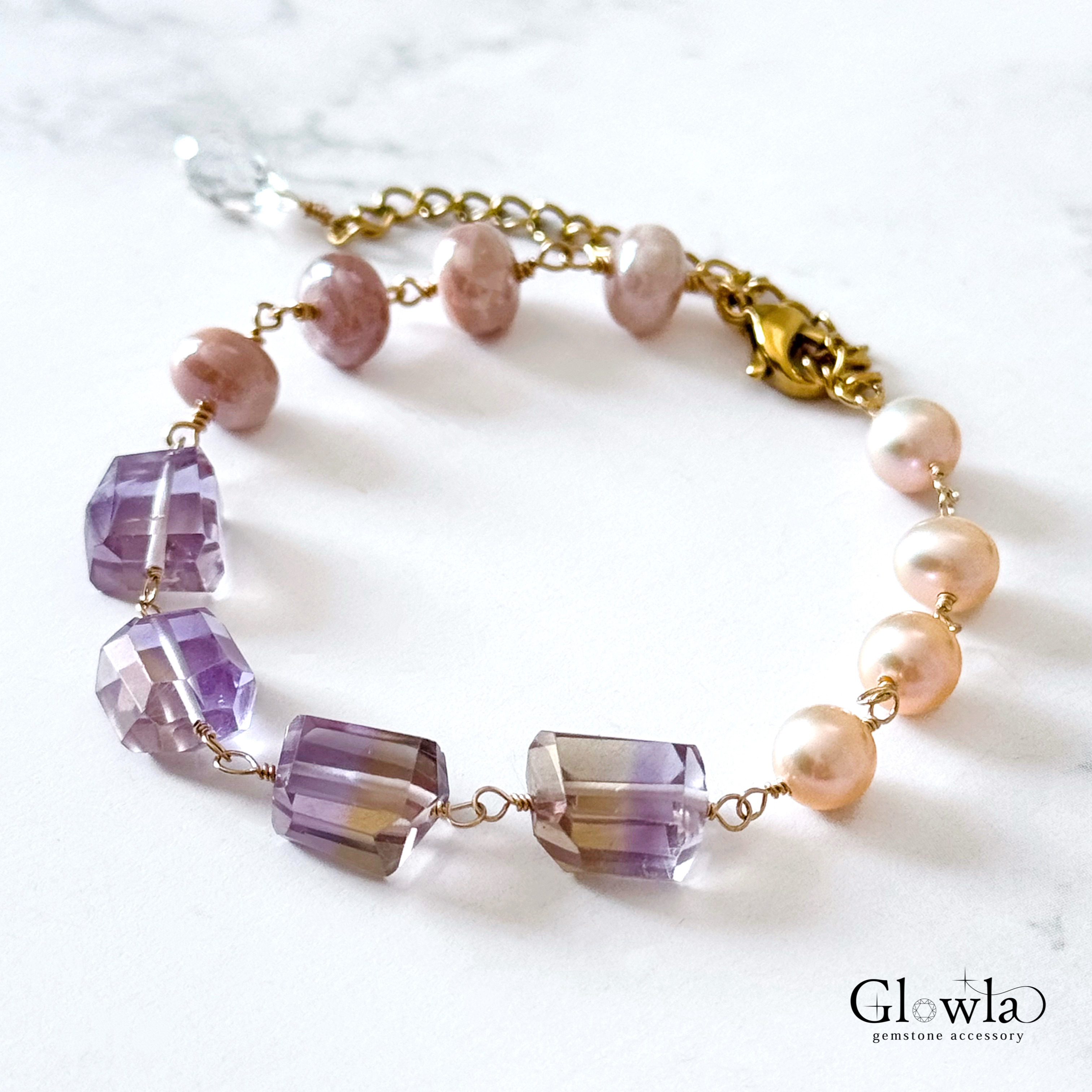 再販●宝石質アメトリンとオレンジ淡水パール、ピーチムーンストーンの秋色ブレスレット（14kgf/16kgp）天然石