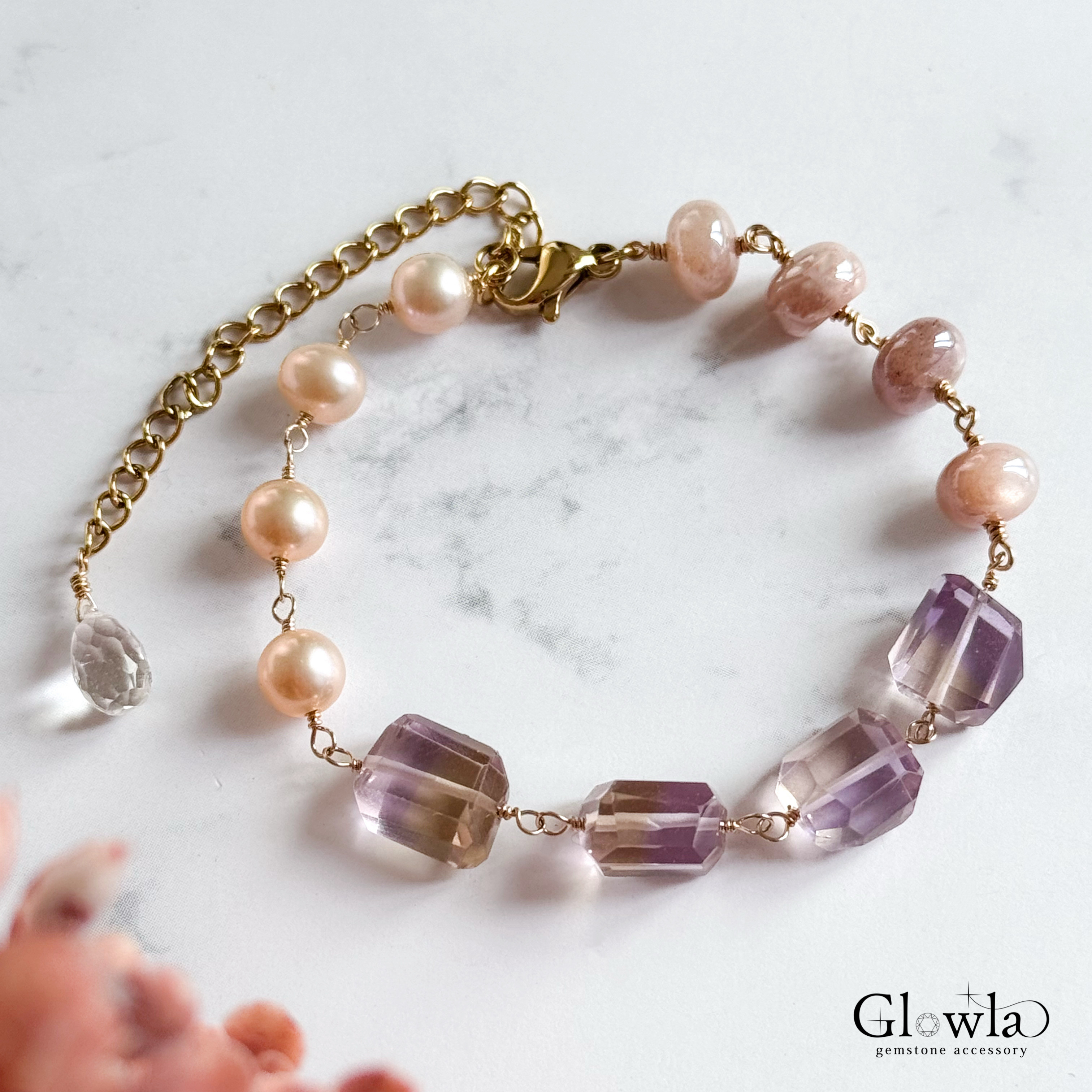 再販●宝石質アメトリンとオレンジ淡水パール、ピーチムーンストーンの秋色ブレスレット（14kgf/16kgp）天然石