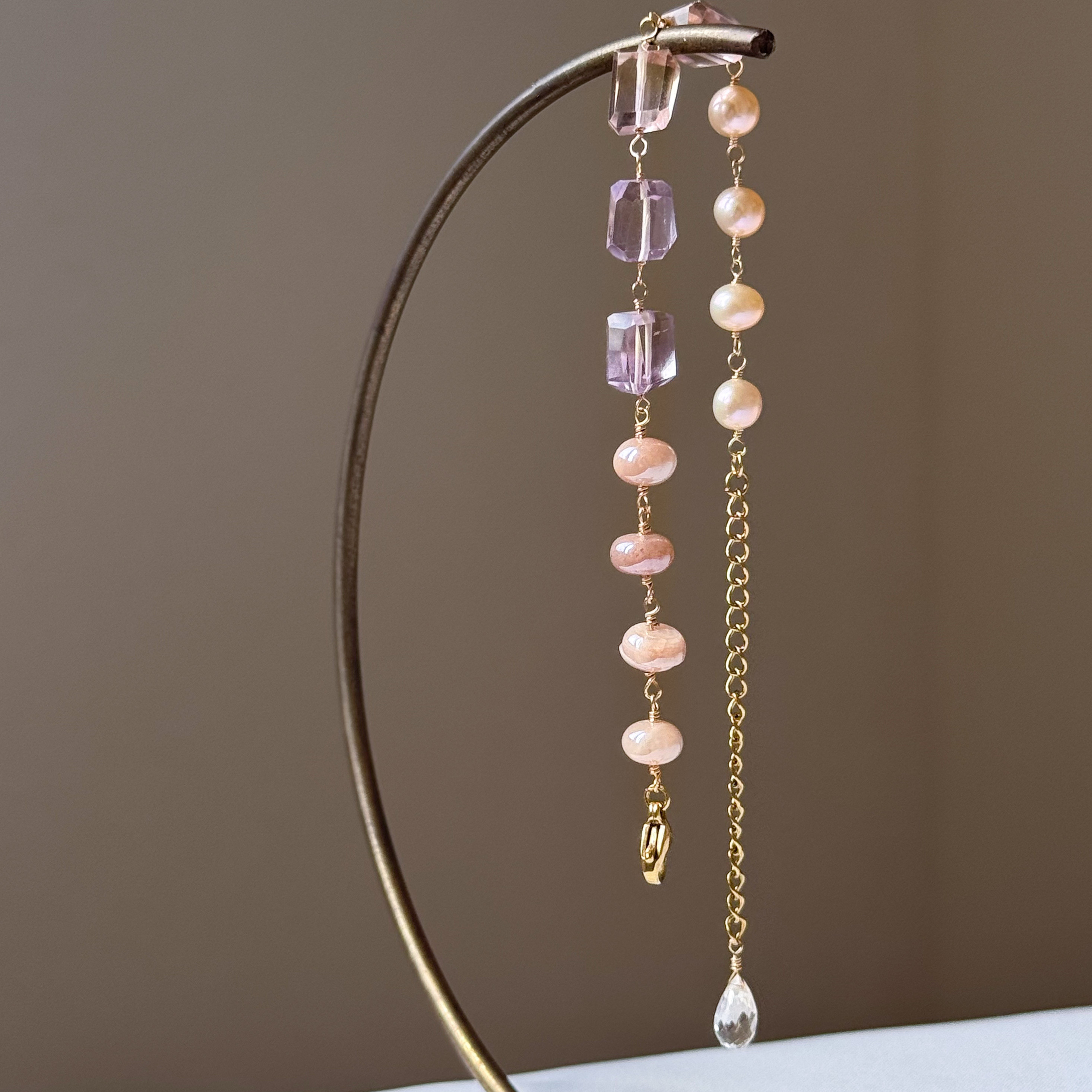 再販●宝石質アメトリンとオレンジ淡水パール、ピーチムーンストーンの秋色ブレスレット（14kgf/16kgp）天然石