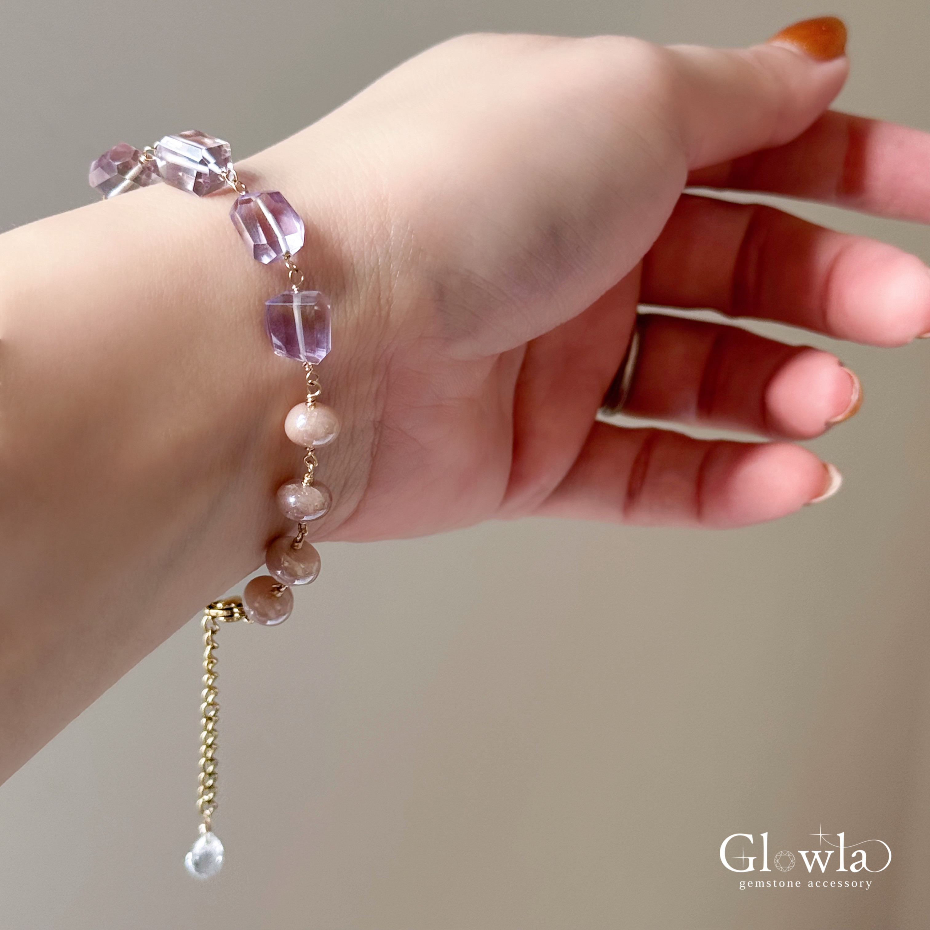 再販●宝石質アメトリンとオレンジ淡水パール、ピーチムーンストーンの秋色ブレスレット（14kgf/16kgp）天然石