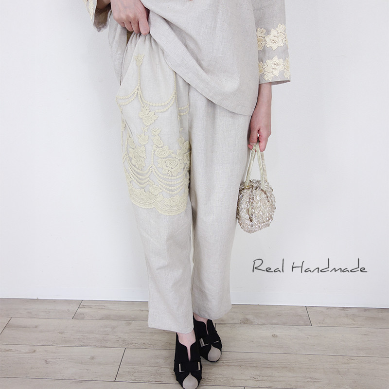 ナチュラルリネン・片側チュール薔薇スカラップレースのクロップドパンツ（セットアップ対応）