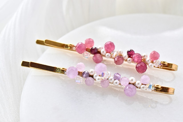 宝石ヘアピン Gem Dots・ピンクトルマリン｜◇10月誕生石◇ Pink Tourmaline｜クリスマス 3枚目の画像