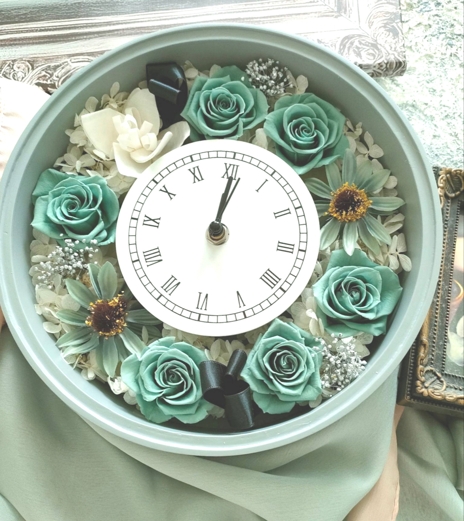 ミストグリーン花時計/ 新築祝い、開店祝い、記念日、ブライダルプレゼント、新生活