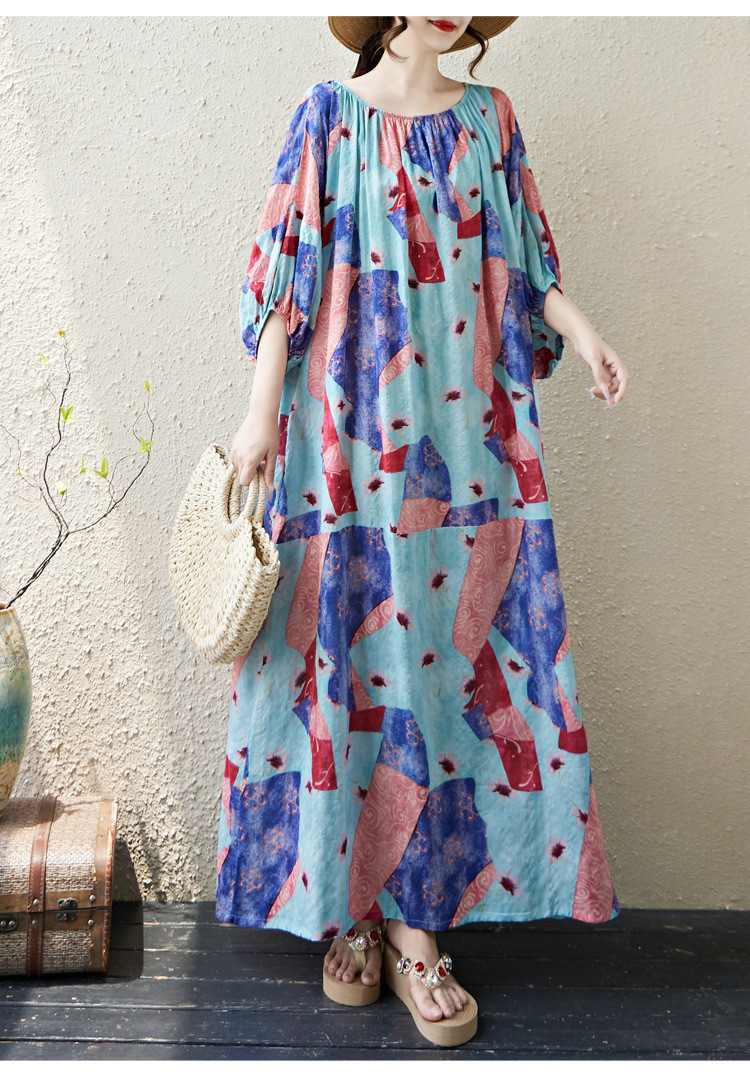 秋レディース綿麻プリントランタンスリーブワンピース【返品・交換可】品質最優先25-296