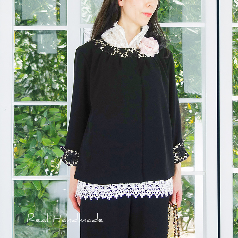 [予約販売] ブラックジョーゼットケミカルレースヨーク切替ジャケット（セットアップになります）（イージーケア・裏地なし）