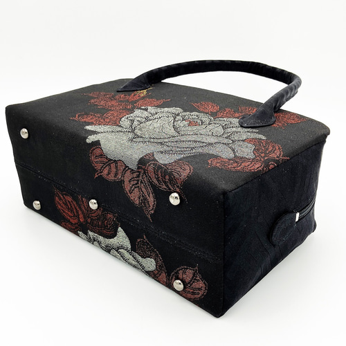 利休バッグ 正絹 正絹 十日町マジョリカお召薔薇文様 (黒系・黒色