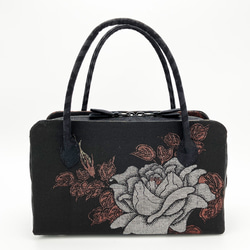 利休バッグ 正絹 正絹 十日町マジョリカお召薔薇文様 (黒系・黒色