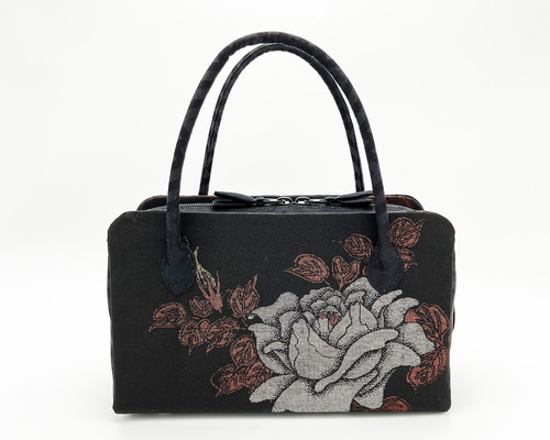 利休バッグ 正絹 正絹 十日町マジョリカお召薔薇文様 (黒系・黒色