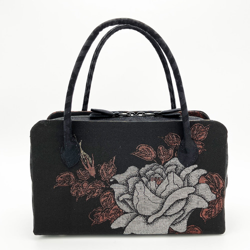 利休バッグ 正絹 正絹 十日町マジョリカお召薔薇文様 (黒系・黒色