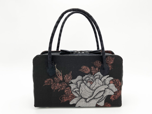 利休バッグ 正絹 正絹 十日町マジョリカお召薔薇文様 (黒系・黒色