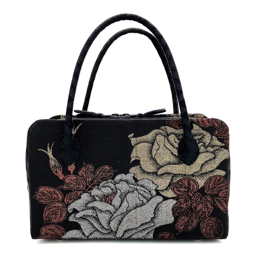 利休バッグ 正絹 正絹 十日町マジョリカお召薔薇文様 (黒系・黒色