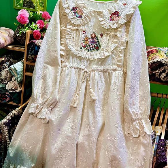 ロリータ風 天然未漂白コットン レース刺繍ロングワンピース｜森ガール