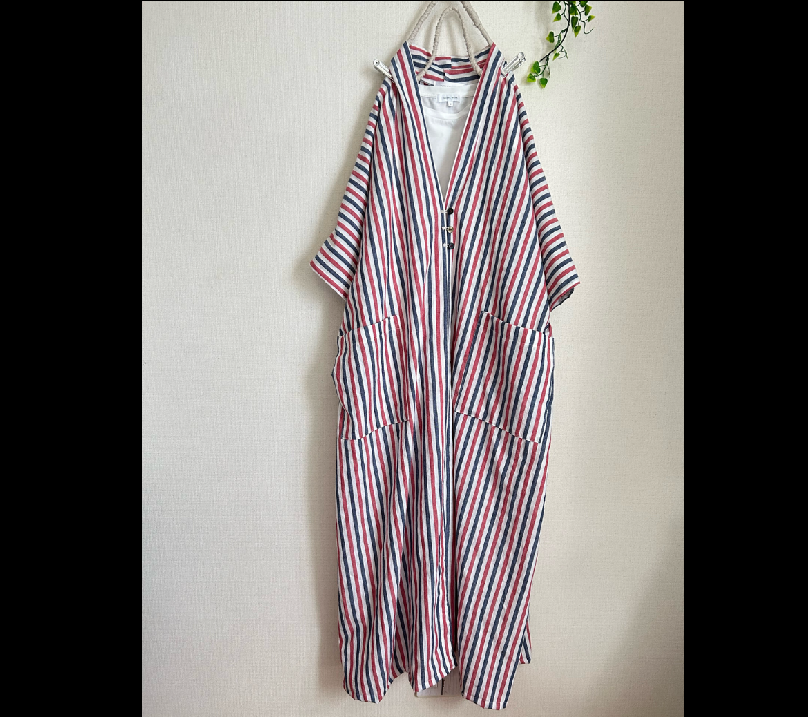 やわらかコットンリネントリコロールカラーローブドルマンロングカーディガン♦ネイビーレッド