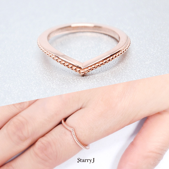 Vラインに沿う輝き - ビーズライン V リング 指輪 鏡面仕上げ 送料無料 シルバー925 K18GP