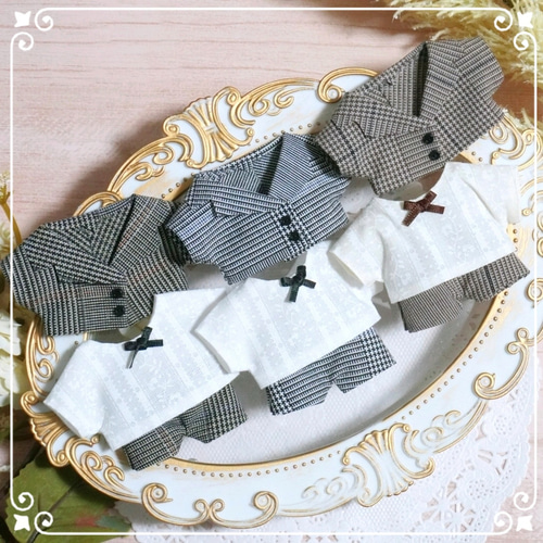 10cmぬい服 チェックスーツ上下+リボンシャツセット ぬいぐるみ みりめ
