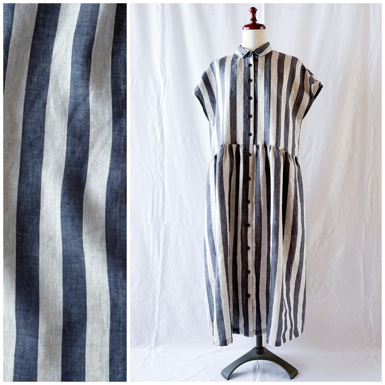 涼しく美しいアプリコットワンピース：115cm丈（リネンストライプ）