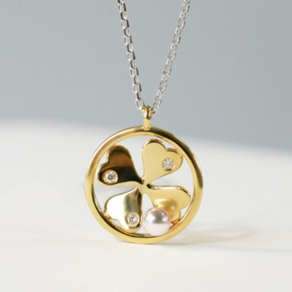 ルミナ 四つ葉のクローバー 18K ゴールド ダイヤモンド ネックレス 3-3.5mm アコヤ真珠 日本製 天然海真珠 ミニ 繊