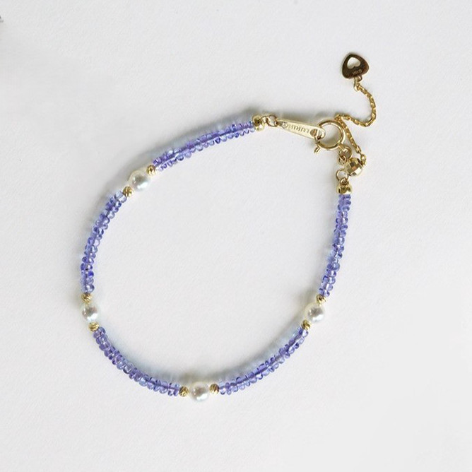 【ルミナ】18Kゴールド 天然タンザナイト 3.5-4mm 日本製アコヤ真珠 ラベンダーネックレス＆ブレスレットセット 複数のビ