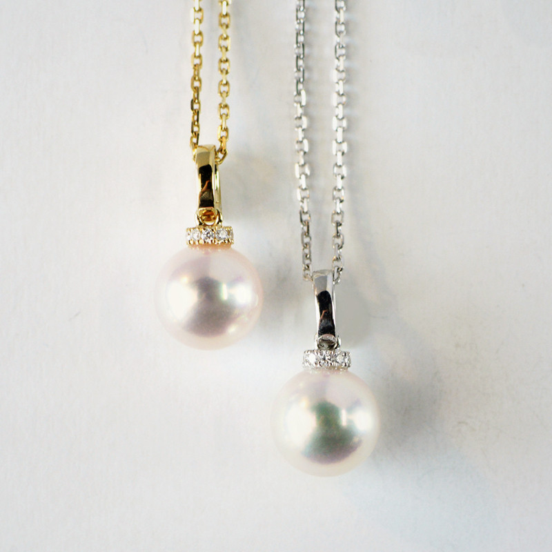 ルミナ 18Kゴールドペンダント 8-9mm 日本製アコヤ天然真珠 ダイヤモンド オープンネックレス オーロラミラー 低刺激性チ
