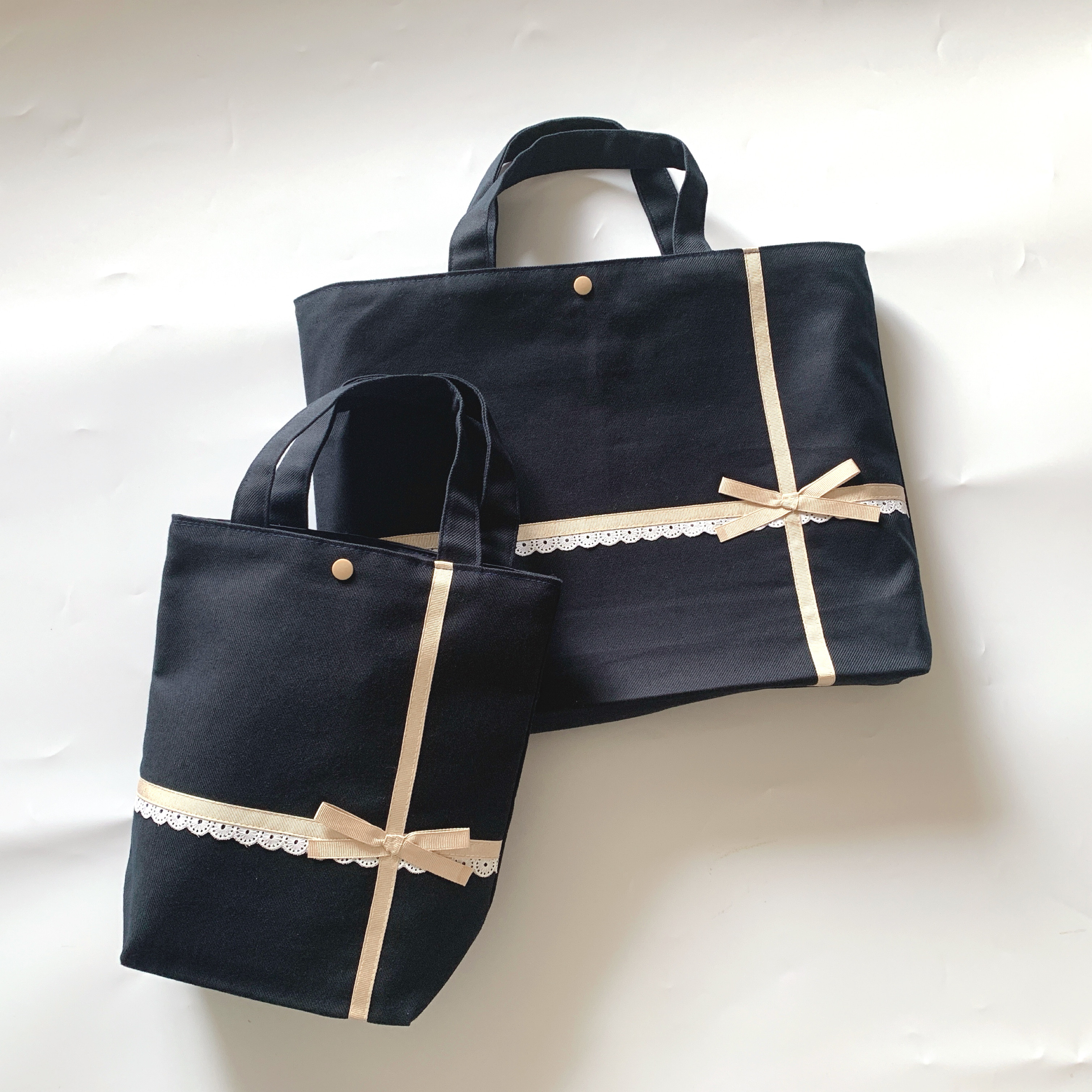 通学、お受験トートバック２点セット　紺×ベージュリボン