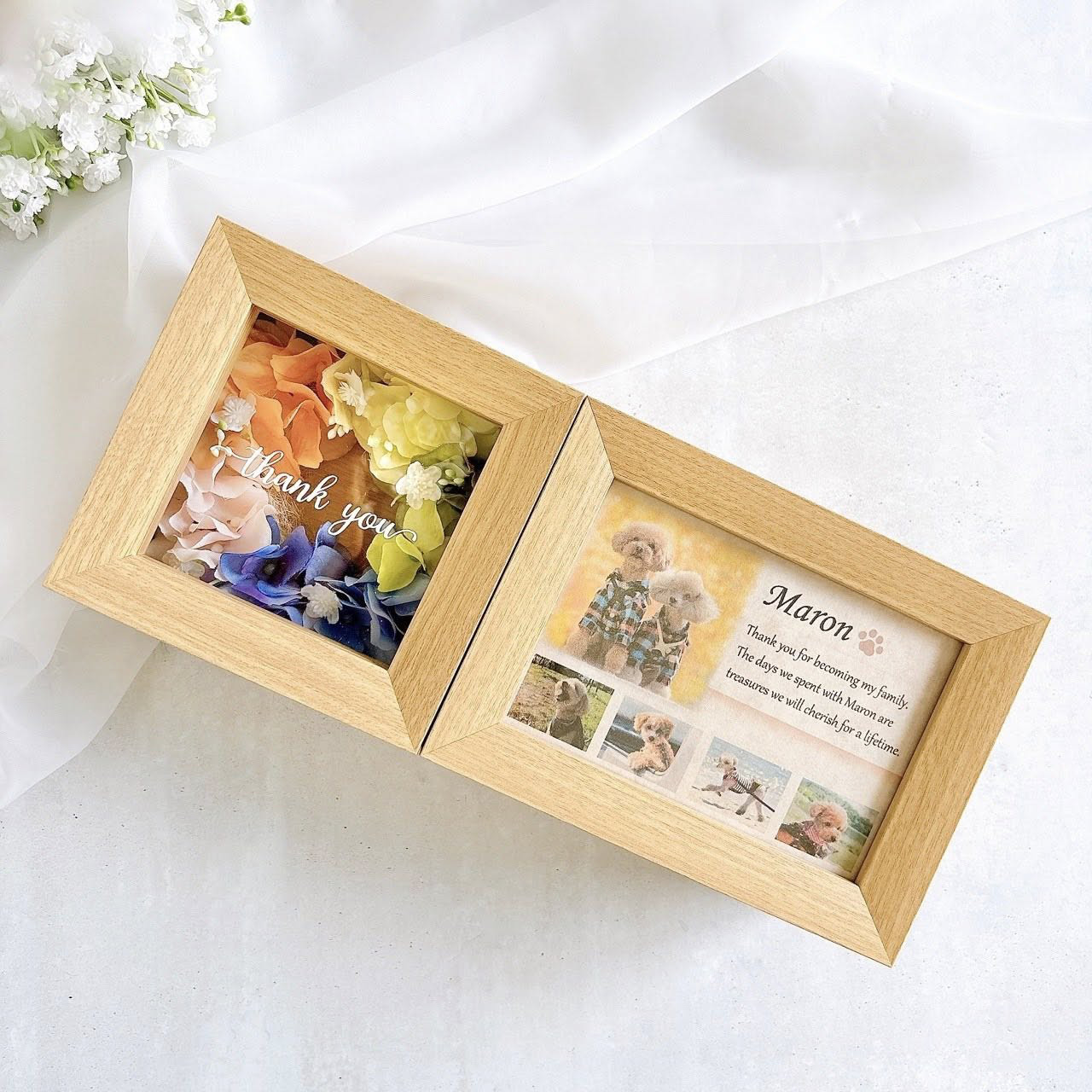 虹色の花と想い出をつめる♥うちの子メモリアルフレームBOX　名前　写真入　フラワーアレンジメント