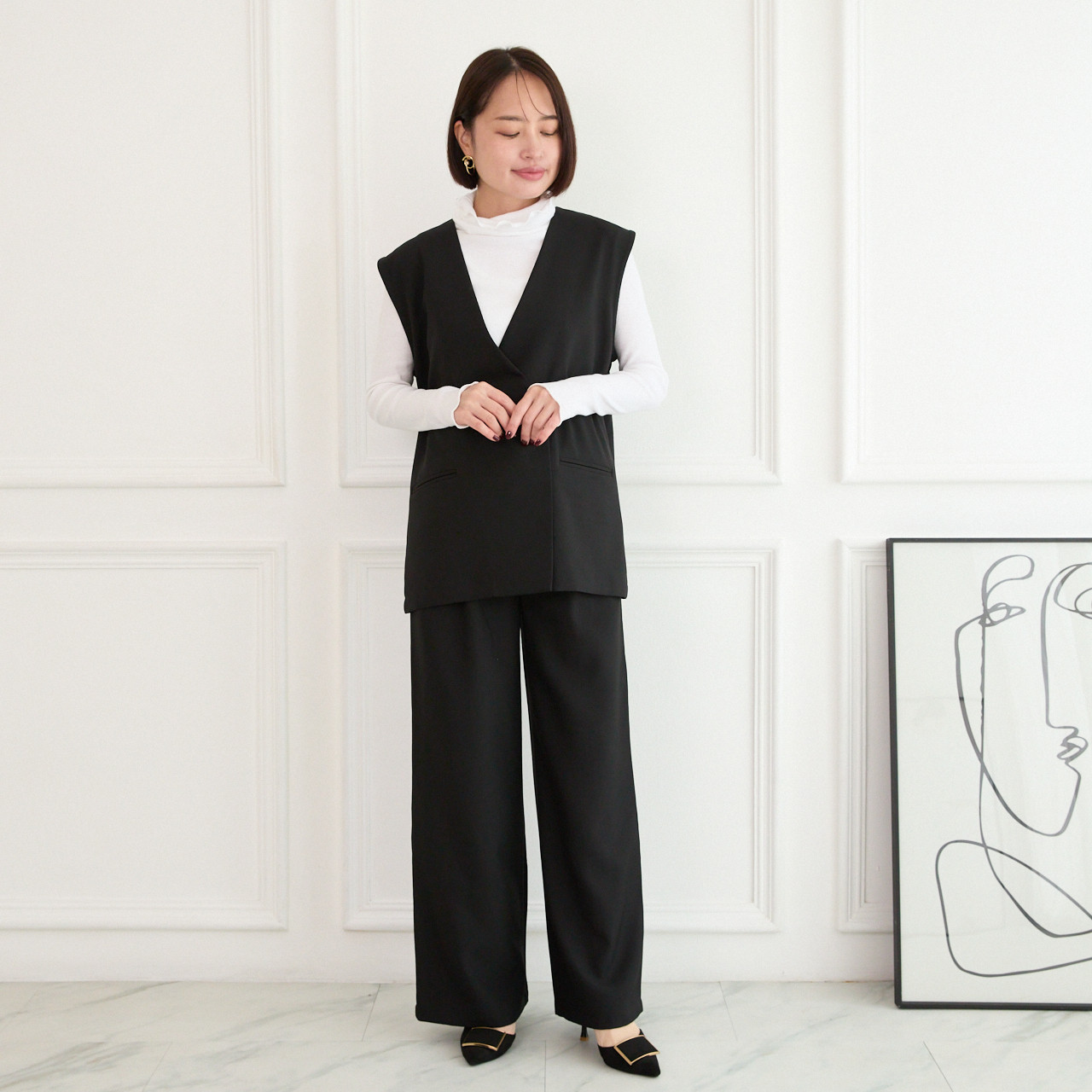 【お得なセットアップ】サラサラ素材✨シワになりにくい バックスリットジレと美脚パンツ セット ブラック