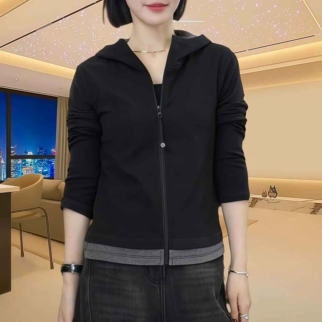 大きいヤードのフード付きの衛衣の外套の長袖の女性の秋の2025新型の太った妹はやせて見えますゆったりとカジュアルな純綿の