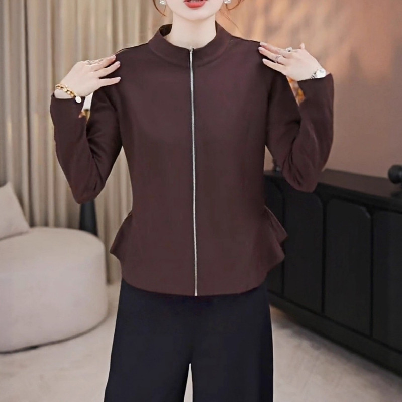 高級感詰襟長袖tシャツ女性2025秋の新型の大きいサイズの太ったMMのファッション洋気のジッパーの修身上着