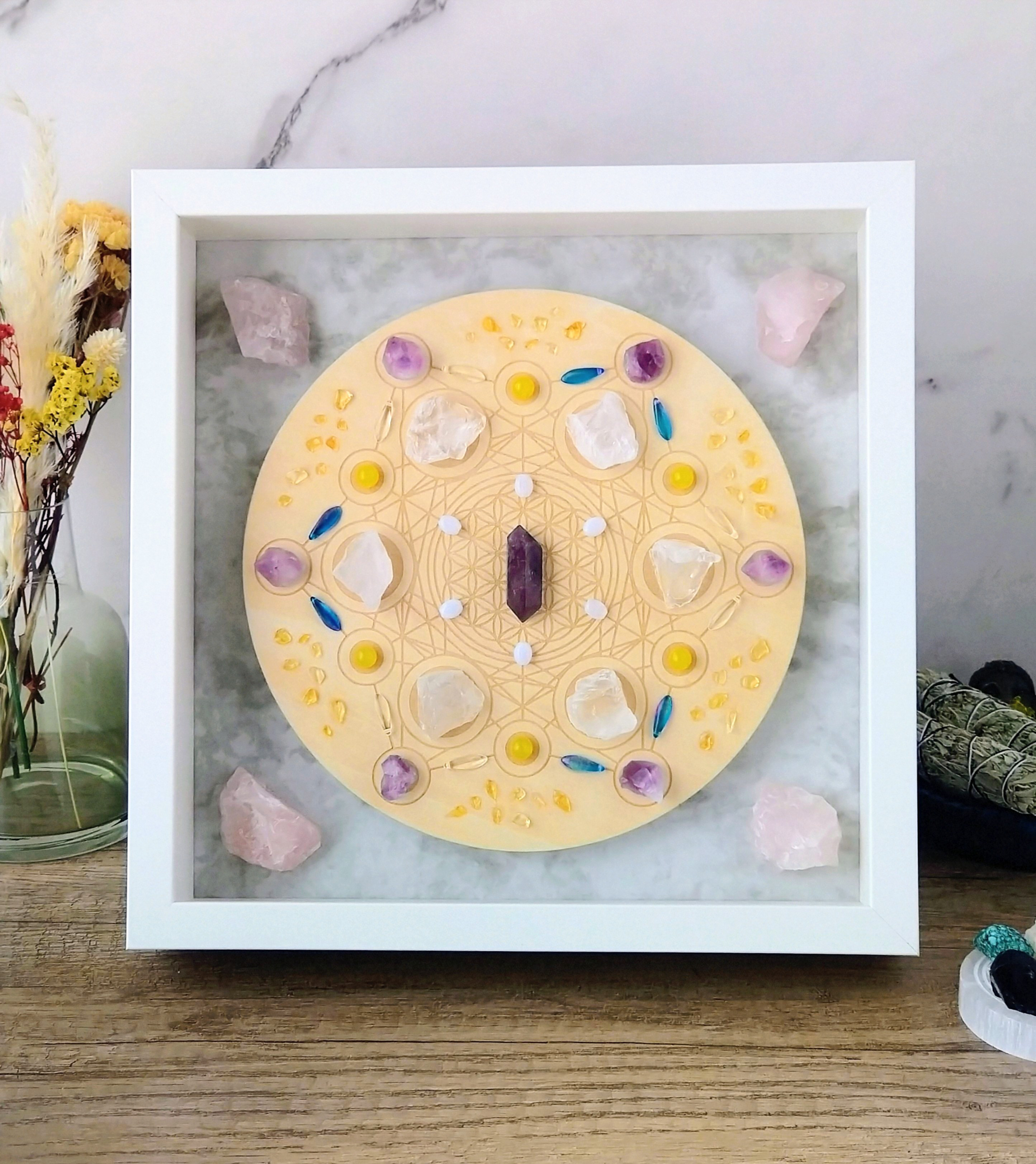 ♦︎天然石のクリスタルグリッドアートＢ（アメジスト、イエローアゲート、クリスタルほか）