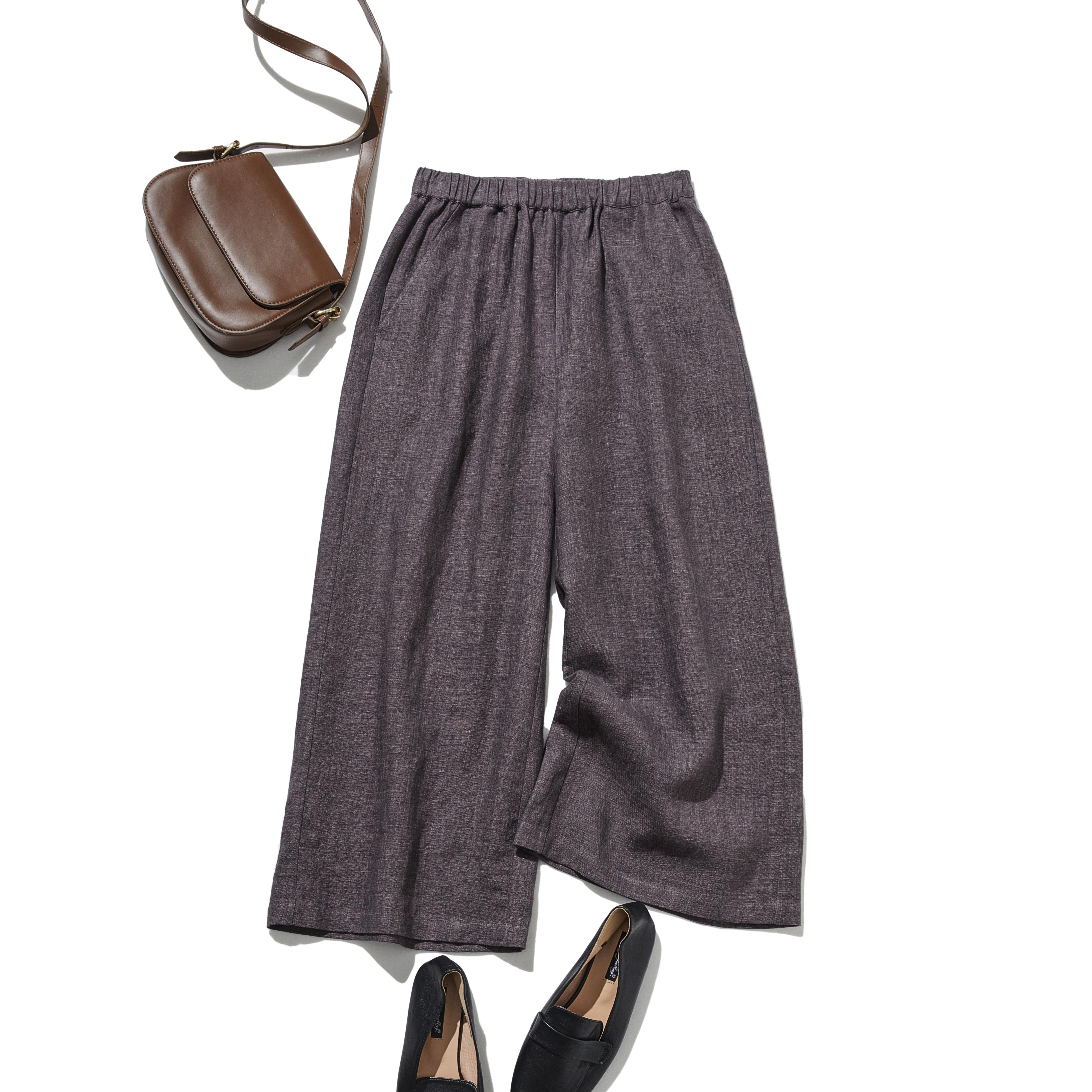 【2025新色】ウエストが楽な着やせワイドパンツ　リネンロングパンツ　秋冬にも　灰みがかったブラウン 200907-9