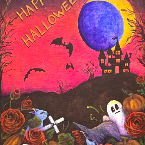 ハロウィンのアートパネル「かぼちゃ畑で鬼ごっこ」」(キャンバス