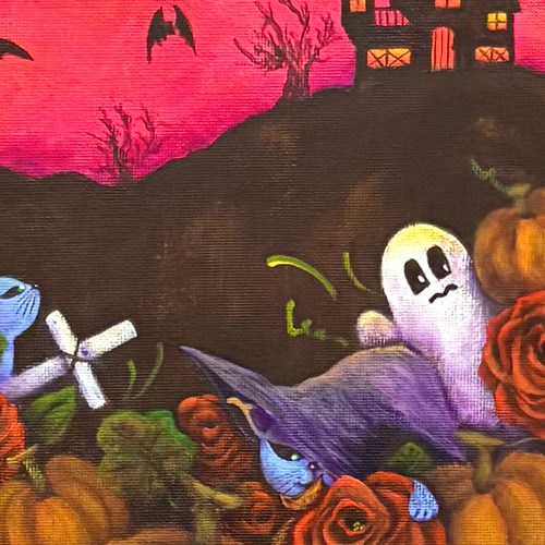 アクリル画 猫のハロウィンナイト満月の夜 F4 アクリル画 猫の