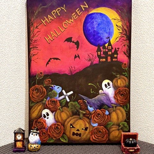 ハロウィンのアクリル絵画「かぼちゃ畑で鬼ごっこ