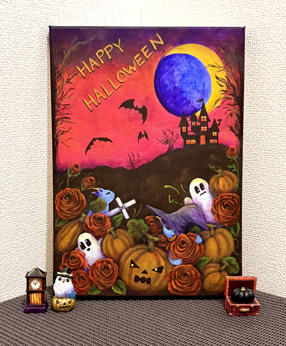 アクリル画 猫のハロウィンナイト満月の夜 F4