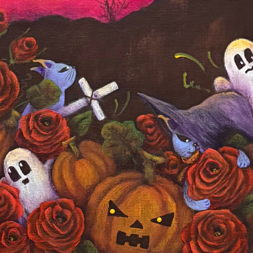 ハロウィンのアートパネル「かぼちゃ畑で鬼ごっこ」」(キャンバス