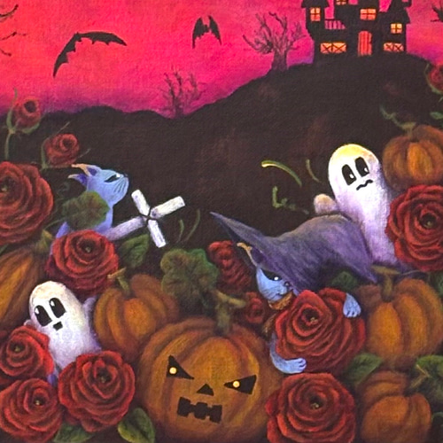 ハロウィンパネル ハロウィンのアートパネル「かぼちゃ畑で鬼ごっこ」」(キャンバス