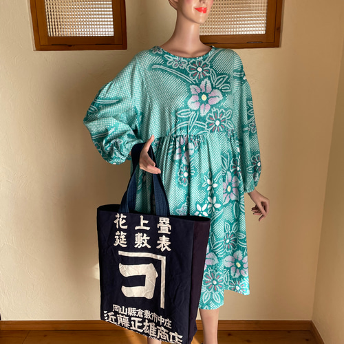 前掛け リメイク トートバッグ ショルダーバッグ 藍染木綿 大きめ