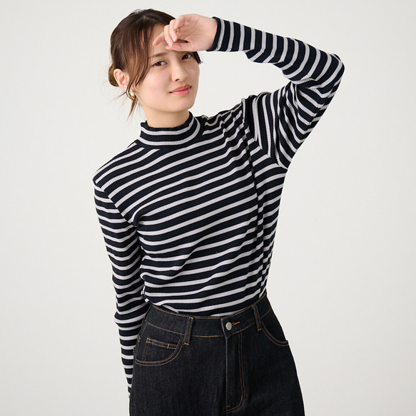 ﾓﾘﾉｶﾞｯｺｳ お得な3枚セットハイネックテレコトップス (ボーダー＋ブルー）｜ mg-th-set-06 5枚目の画像