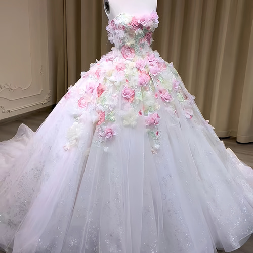 新品　お嬢様 FENDI 花飾り付き　ホワイトピンク　ドレス　6A お誕生日 憧れのドレス！可愛い ピンク お花飾り サイズオーダー可能 プリンセス