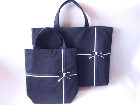 通学、お受験トートバック２点セット　紺×紺白リボン