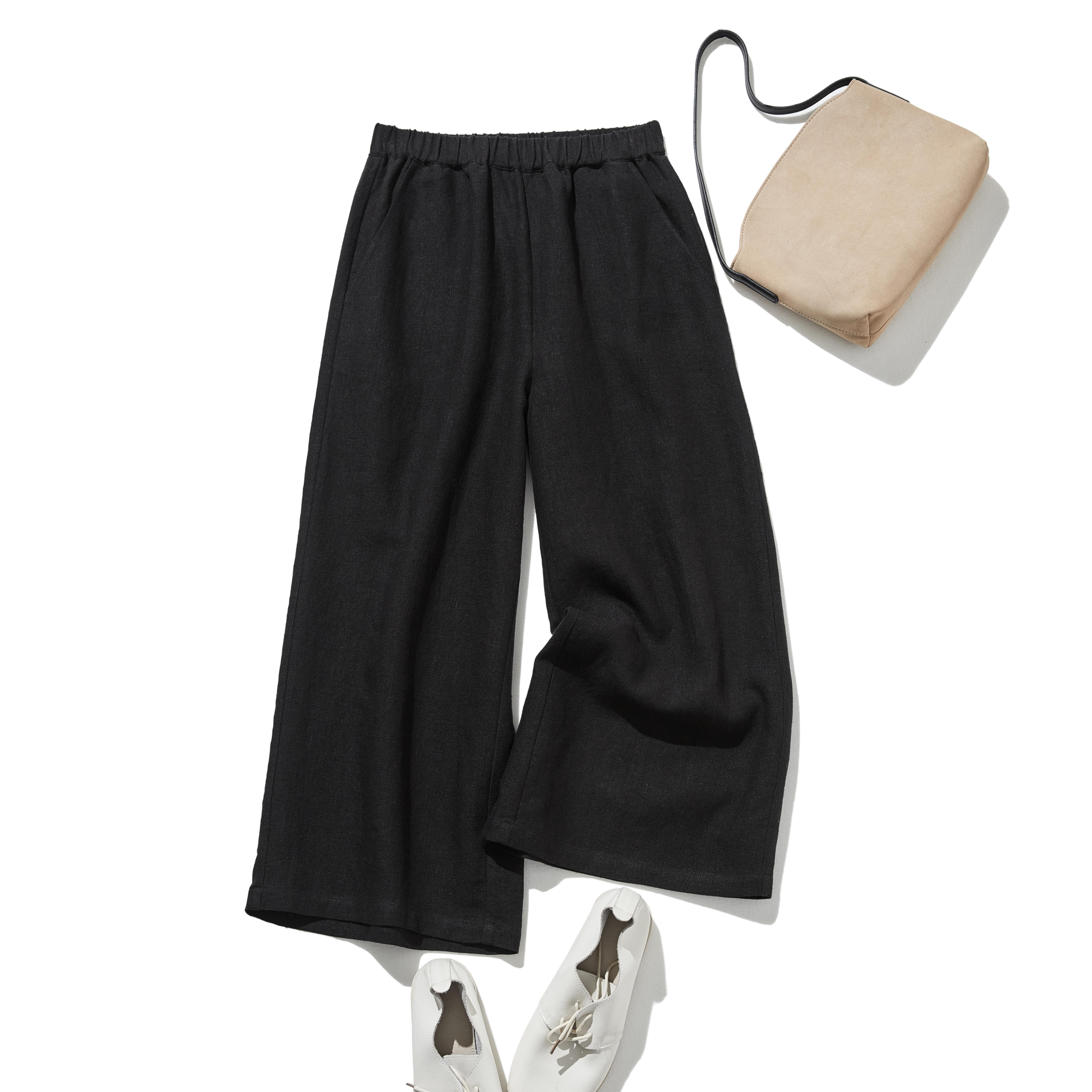 【2025新色】ウエストが楽な着やせワイドパンツ　リネンロングパンツ　秋冬にも　ブラック　200907-13
