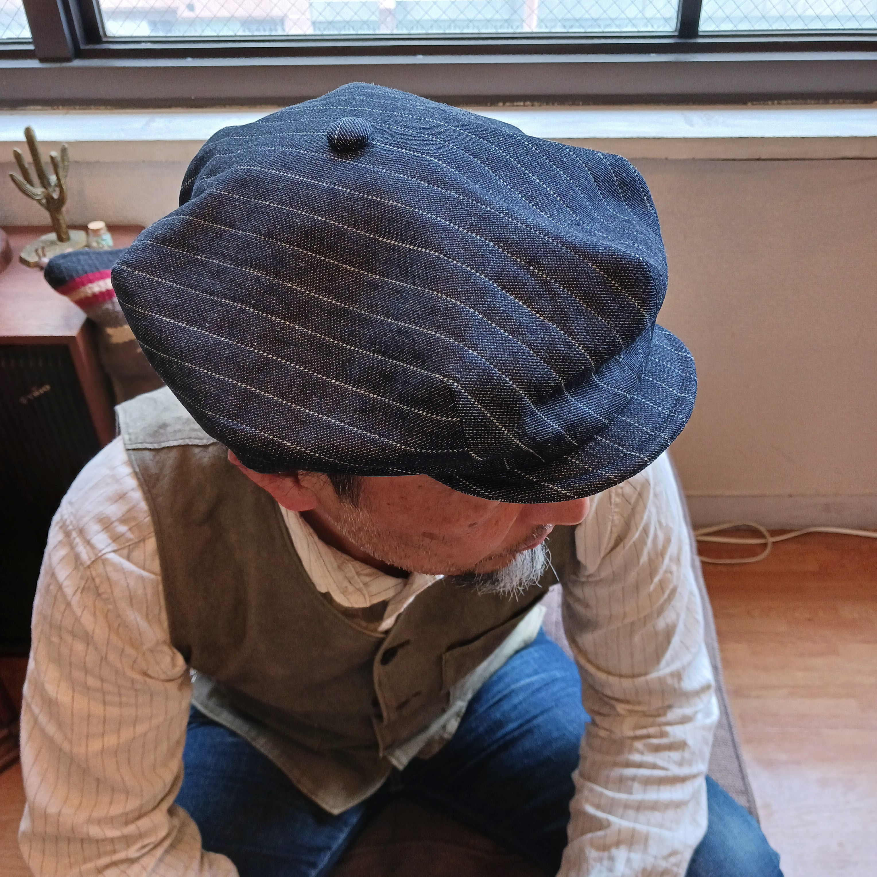 (受注製作)　No11 L~60cm　1枚ハギ8ダーツキャスケット　ストライプデニム（ディープインディゴブル）