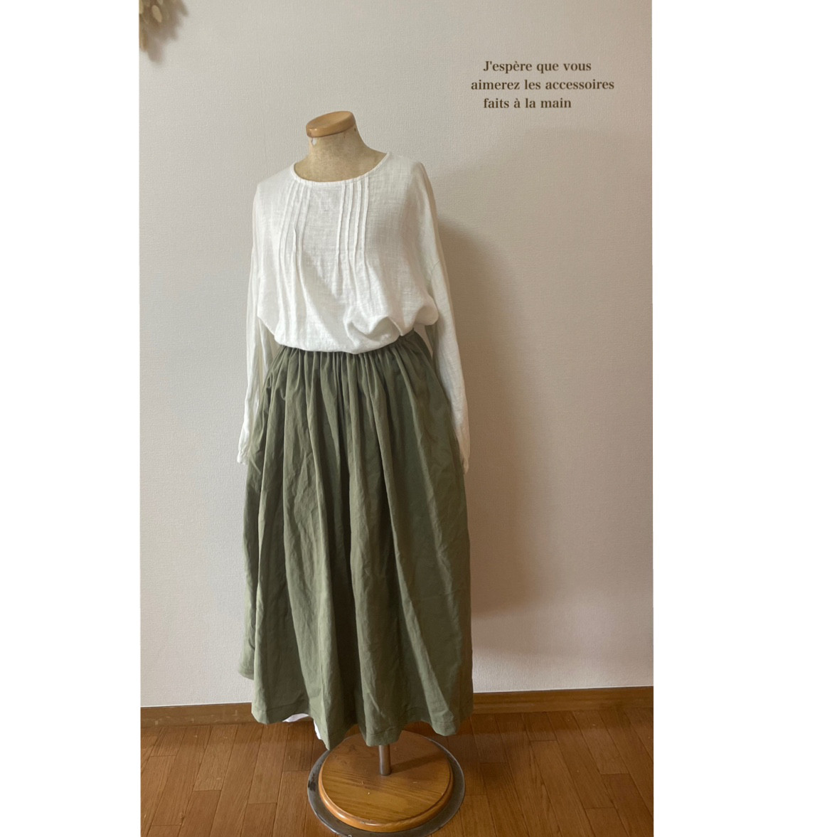 リネン　スカート　オリーブカラー