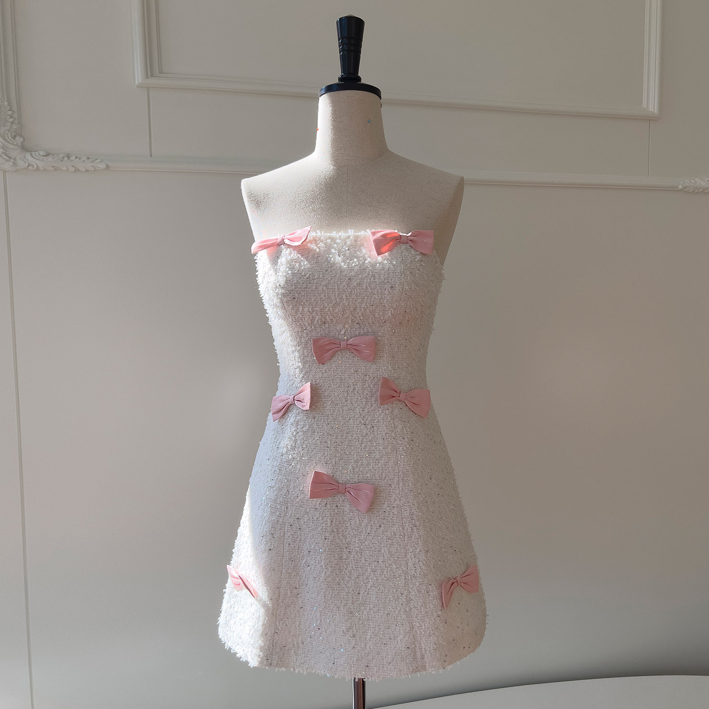 ツイードドレス ウェディングドレス パーティー ショート丈 リボン 白ピンク ノースリーブ 韓国風 二次会 69406