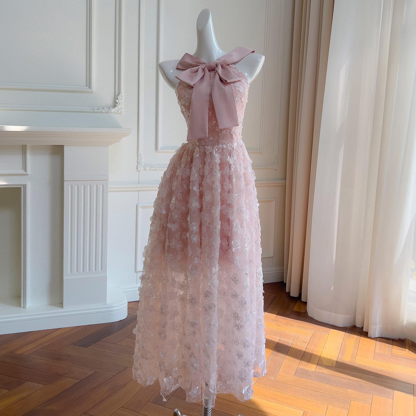 ロングドレス ウェディングドレス パーティー ピンク 豪華 リボン 花柄 綺麗 ノースリーブ 韓国風 二次会 69427