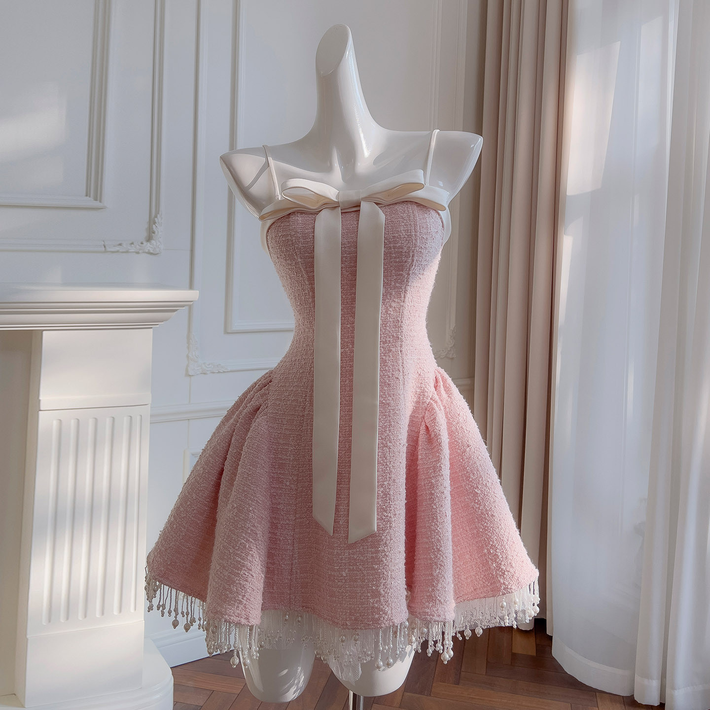 ツイードドレス ウェディングドレス パーティー ピンク ショート丈 プリンセス ノースリーブ 韓国風 二次会 69414