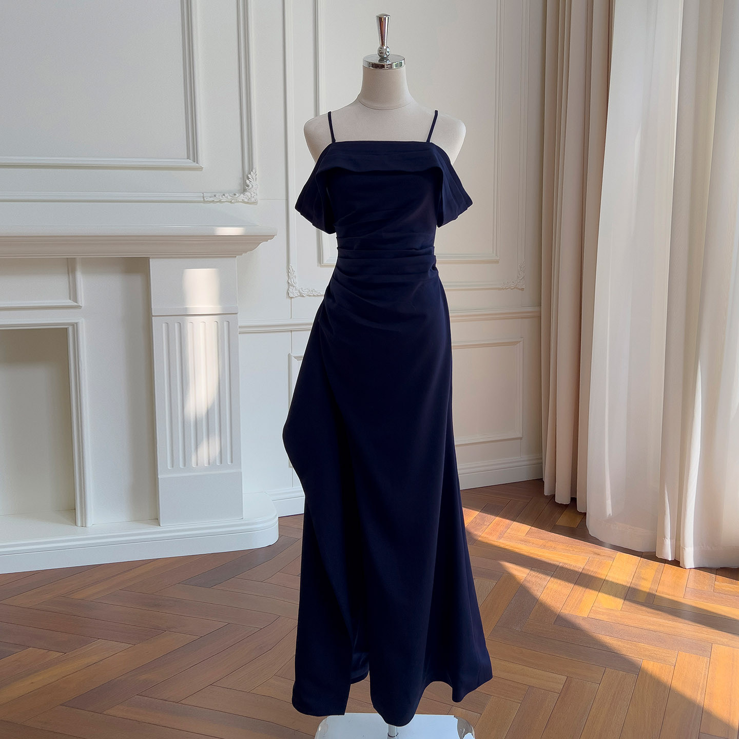 オフショルダードレス ウェディングドレス パーティー ネイビー スリム 上品 ノースリーブ 韓国風 二次会 69424