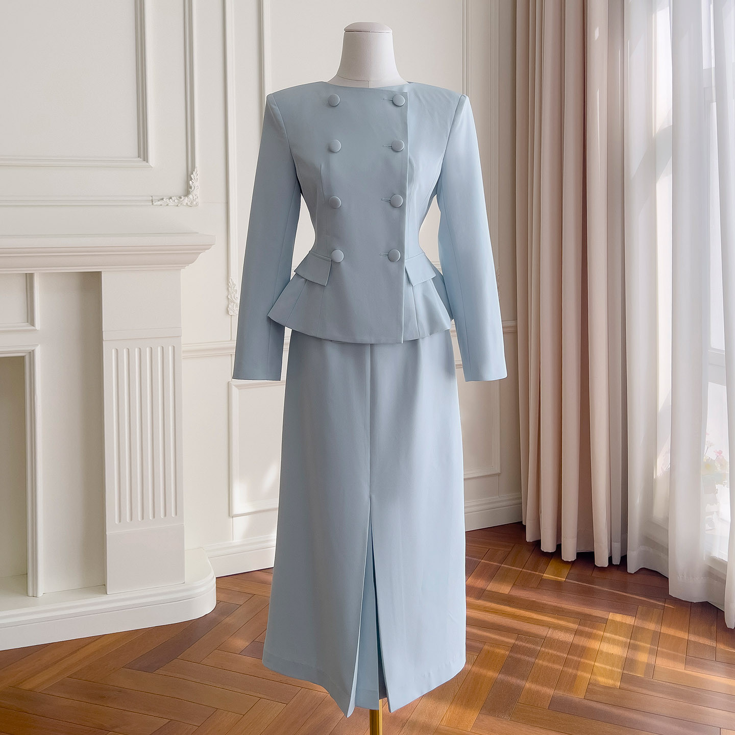 スーツドレス 上下セット ウェディングドレス パーティー 通勤 青 ジャケット 高級感 上品 韓国風 二次会 91607