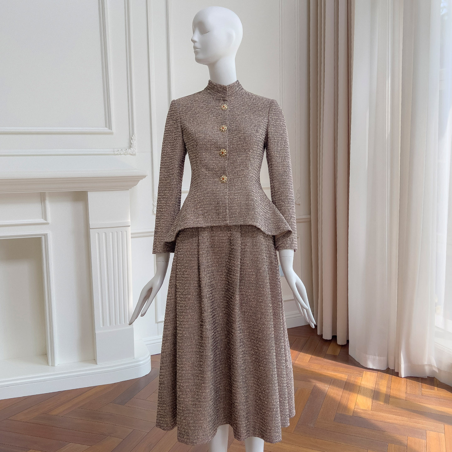 ツイードスーツドレス 秋冬 上下セット ウェディングドレス パーティー 通勤 ジャケット 韓国風 二次会 91606